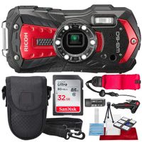 Ricoh WG-60 Waterproof Digital Camera, Red with 32GB, Floating Strap, Tripod Accessory Bundle