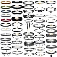52 PCS Choker Necklace, K&Q Classic Stretch Colorful Gothic Collar Choker Necklace and Black Cute Lace Velvet Choker Necklace Set for Girls and Women