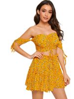 Floerns Women's Two Piece Outfit Off Shoulder Drawstring Crop Top and Skirt Set Yellow-Floral XS
