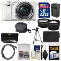 Sony Alpha A6000 Wi-Fi Digital Camera & 16-50mm Lens (White) with 32GB Card + Case + Battery/Charger + Tripod + Tele/Wide Lens Kit