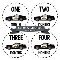 Months in Motion Monthly Stickers for Boy - Monthly Milestone Sticker - 12 Monthly Milestone Stickers - Baby Month Stickers for Infant First Year - Belly Stickers - Police Officer Car