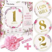 Baby Monthly Milestone Stickers (Free Headband) 20 Premium Floral Metallic Gold Stickers for First Year - 0 to 12 Month Onesie Belly Stickers - Best Baby Shower Gift or Scrapbook Photo Keepsake