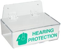 Brady 2019L 3" Height, 9" Width, 6" Depth, Acrylic, Green On Clear Color Compact Ear Plug Dispenser With Cover, Legend "Hearing Protection (With Picto)"