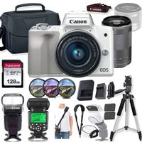 Canon EOS M50 Mirrorless Digital Camera (White) and 15-45mm & 55-200mm Lens w/High Speed Flashlight + Prime Accessory Bundle