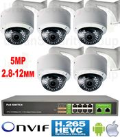 USG Five Cameras + One PoE Switch : 5X DK8 Model Line H.265 5MP 2592x1944 2.8-12mm IP Dome Network Security Cameras + 1x 10 Port Ethernet Network PoE Switch