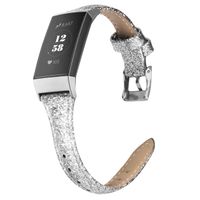 Wearlizer Compatible with Fitbit Charge 3 Bands for Women Slim Leather Replacement Fit Charge hr 3 Special Edition Rose Gold Band Accessories Strap (Glitter Silver)