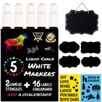 White Chalk Markers by Vaci, Pack of 5 White Markers Drawing Stencils + 16 Labels, Premium Liquid Chalkboard Neon Pens, Professional White Ink Tips