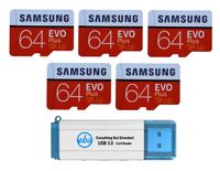 Samsung 64GB Evo Plus MicroSD Card (5 Pack Bundle) Class 10 SDXC Memory Card with Adapter (MB-MC64G) with (1) Everything But Stromboli (TM) 3.0 Reader with SD & Micro (TF) Slots
