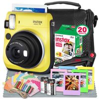 Fujifilm Instax Mini 70 Instant Film Camera (Yellow) W/Deluxe Accessory Bundle Instax Twin Pack Instant Film, Frames + Xpix Table Top Tripod, CR-2 Battery + Fibertique Cleaning Cloth