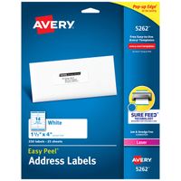 Avery Address Labels with Sure Feed for Laser Printers, 1-1/3" x 4", 350 Labels, Permanent Adhesive (5262), White