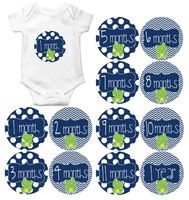 Gift Set of 12 Round Keepsake Photography Monthly Baby Stickers with Frogs in Navy Blue MOSB196