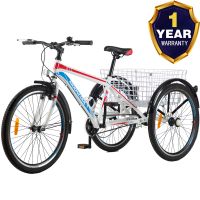 VANELL Adult Mountain Tricycle 20/24/26 in 1 Speed Three Wheel Cruiser Trike Bike with Front Suspension Fork Front Disc Brake MTB Tire Bicycle (White -Red+Blue, 20"&1speed)