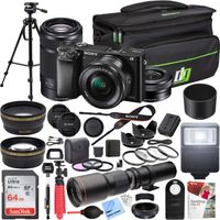 Sony Alpha a6000 Mirrorless Digital Camera with 16-50mm Lens Bundle with 55-210mm Zoom E-Mount Lens, 500mm Preset Telephoto Lens, 64GB Card and Accessories (19 Items)