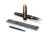 Parker IM Fountain Pen, Black Lacquer Gold Trim, Medium Nib with Blue Ink Refill, Gift Box (1931652)