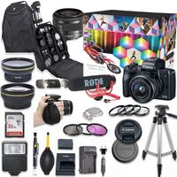 Canon EOS M50 Mirrorless Digital Camera with 15-45mm Lens Video Kit (Black) + Wide Angle Lens + 2X Telephoto Lens + Flash + SanDisk 32GB SD Memory Card + Accessory Bundle