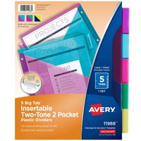 Avery 5 Tab Plastic Binder Dividers with Pockets, Two Tone, 1 Set (11988)