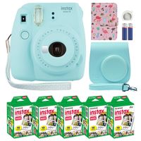 Fujifilm Instax Mini 9 Instant Camera Ice Blue with Custom Case + Fuji Instax Film Value Pack (50 Sheets) Flamingo Designer Photo Album for Fuji instax Mini 9 Photos