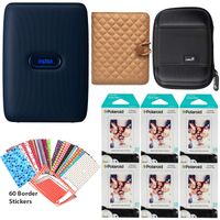 Fujifilm Instax Mini Link Smartphone Printer (Dark Denim), Photo Album (Coffee), Carrying Case, 60 Polaroid Instax Sheets and 60 Border Stickers