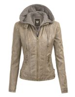 Lock and Love LL Womens Faux Leather Quilted Motorcycle Jacket with Hoodie XXL Khaki