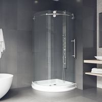 VIGO 40 x 40 Inch Right Open Frameless Round Sliding Shower Enclosure, Tempered Glass and 304 Stainless Steel Hardware | Stainless-Steel Finish | White Base Included