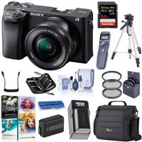 Sony Alpha a6400 24.2MP Mirrorless Digital Camera with 16-50mm f/3.5-5.6 OSS Lens, Bundle with Bag, Intervalometer, Filter Kit, Battery, Charger, 64GB SD Card + Case, Tripod, PC Software Kit + More