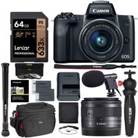Canon EOS M50 15-45mm f/3.5-6.3 is STM Mirrorless Digital Camera Bundle, Includes 64GB U3 Video Memory Card, Camera Bag + Mic + Compact Monopod + Filter Kit & More