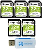 Kingston 32GB SD Memory Card (5 Pack Bundle) Canvas Select SDHC Card Class 10 UHS-1 (SDS/32GB) Plus (1) Everything But Stromboli (TM) SD & Micro Card Reader