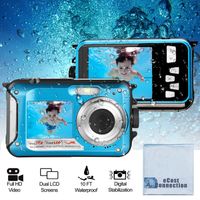 Acuvar 24MP Megapixel Waterproof Dual Screen Full HD 1080P Digital Camera for Under Water Photo and Video Recording for Selfies with LED Flash Light for Adults and Kids (Blu) + Microfiber Cloth