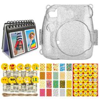 Glitter Clear Hard Case for Fuji Instax Mini 9, 8, 8+ Cameras + Album Desk Frame + Photo Peg Pins with Emoji Faces + Scrapbooking Stickers + 20 Sticker Frames for Fuji Instax Prints Emojis Package