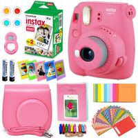 FujiFilm Instax Mini 9 Instant Camera Flamingo Pink + Fuji INSTAX Film (20 Sheets) + Custom Camera Case + Instax Album + 60 Colorful Stickers + 20 Emoji Stickers + Fun Frames + Colored Filters + More