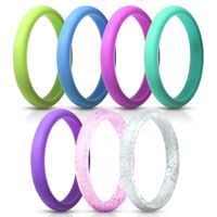 ThunderFit Women's Thin and Stackable Silicone Rings Wedding Bands - 7 Pack (Deep Pink, Purple, Blue, Lawn Green, Turquoise, Turquoise Glitter, and Red Glitter, 6.5-7 (17.3mm))