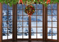 Christmas Wreath Window Backdrop Winter Blizzard Forest Snow Scene Snowflakes Photography Background Indoor Photo Booth Backdrops Party Banner Decoration 7X5FT