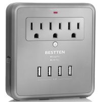 BESTTEN 4.2A 4 USB Wall Charger with 3 AC Outlets, Wall Mount Surge Protector with 2 Slide-Out Phone Holders, ETL Certified, Grey