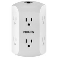 PHILIPS 6 Outlet Wall Charger, Resettable Circuit Breaker, Grounded, Multi Outlet, Side Access, Space Saving Design, Wall Tap, White, SPS1460WA/37