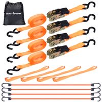 CARTMAN 1" x 15' Ratchet Tie Down up to 1500lbs 4pk in Carry Bag, with 18" Soft Loop Tie-Down Straps & 32" bungee cord