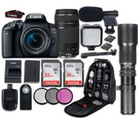 Canon EOS Rebel T7i DSLR Camera with Canon EF-S 18-55mm f/4-5.6 IS STM Lens + Canon EF 75-300mm f/4-5.6 III Lens + 500mm f/8 Preset Lens + LED Light + Microphone + Video Accessory Bundle