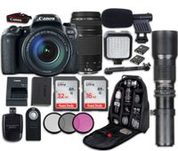 Canon EOS 77D DSLR Camera with Canon EF-S 18-135mm f/3.5-5.6 is USM Lens + Canon EF 75-300mm f/4-5.6 III Lens + 500mm f/8 Preset Lens + LED Light + Microphone + Video Accessory Bundle