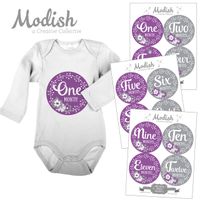 12 Monthly Baby Stickers, Purple, Gray, Flowers, Girl, Baby Belly Stickers, Baby Month Stickers, First Year Stickers Months 1-12, Purple, Grey, Baby Girl