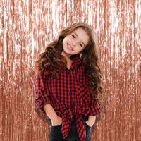 Rose Gold Metallic Foil Fringe Curtains 3 x 8 Feet Tinsel Pack of 3 Photo Booth Props for Birthday Bachelorette Wedding Engagement Bridal Shower Graduation Retirement Party Decorations