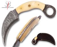 Damascus Karambit Knife Handmade Hunting Knife Double Edge Karambit Tactical Knife Bone Handle with Sheath