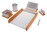 Office Supply Silver Mesh and Wood Desk Set (M27-SLVRMW)