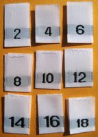 CLOTHING WOVEN LABEL WHITE, SIZE 2 4 6 8 10 12 14 16 18 - 225 PCS TOTAL