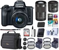 Canon EOS M50 Mirrorless Camera with EF-M 15-45mm f/3.5-6.3 and EF-M 55-200mm f/4.5-6.3 is STM Lenses, Black - Bundle with 16GB SDHC Card, Camera Case, 49mm/52mm Filter Kits, Cleaning Kit, and More