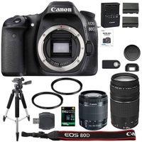Canon EOS 80D Digital SLR Camera + 18-55mm STM + Canon 75-300mm III Lens + SD Card Reader + 64gb SDXC + Remote + Spare Battery + Accessory Bundle - International Version