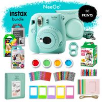 NeeGo Instax Mini 9 Instant Camera Bundle - Deluxe Kit with Camera, Matching Case & 4 Fun Film Packs-Rainbow, Stained Glass, Monochrome & White 50 Exposures for Instant Creative Photos-Ice Blue