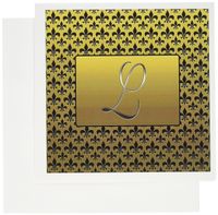 3dRose Elegant letter L embossed in gold frame over black fleur-de-lis pattern on gold background- Greeting Cards, 6 x 6 inches, set of 6 (gc_36090_1)