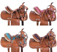 Acerugs Western Children Pleasure Trail Barrel Racing Leather Tooled Crystal Show Youth Kids Horse Pony Saddle Free TACK Set Included (Blue, 10)