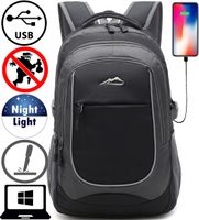 Backpack for School College Student Sturdy Bookbag Travel Business with USB Charging Port Laptop compartment Chest Straps Anti Theft Night Light Reflective (Black)