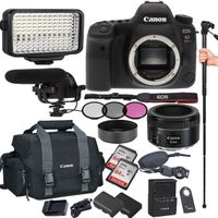Canon EOS 6D Mark II 26.2 MP CMOS DSLR Camera with EF 50mm F/1.8 STM Prime Lens, Filters, Lens Hood, Monopod, 128GB Memory, Led Video Light, Microphone, Canon Case, Extra Battery & Charger