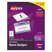 Avery Top-Loading Garment-Friendly Clip Style Name Badges, 3 x 4, Box of 40 (5384)